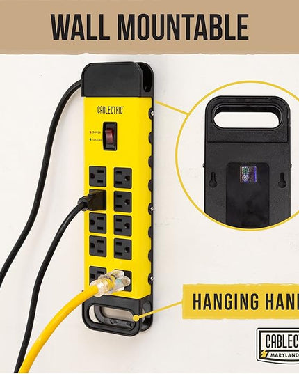 10 Outlet Heavy Duty Surge Protector Power Strip - Industrial Black and Yellow Metal Surge Protector with 15 Foot Extension Cord | Cablectric is an American Owned Brand
