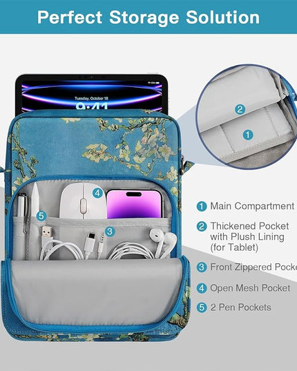 MoKo 9-11 Inch Tablet Sleeve Bag Handle Carrying Case with Shoulder Strap for iPad Pro, Air, 10th, 9/8/7, Air 5/4, Tab S8/S9, Apricot Flower