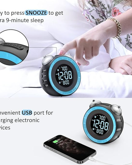 uscce Loud Dual Alarm Clock with Bed Shaker - 0-100% Dimmer, Vibrating Alarm Clock for Heavy Sleepers or Hearing Impaired, Easy to Set, USB Charging Port, Snooze, Battery Backup (Blue)