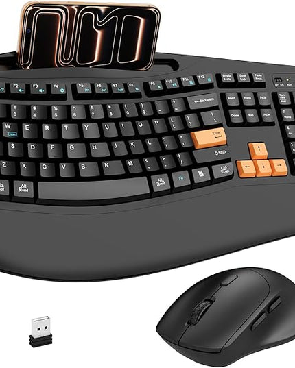 Wireless Keyboard and Mouse Combo, 2.4G Full Size Wave Keys Ergonomic Keyboard with Wrist Rest, Phone Holder, 3-Level DPI Wireless Silent Mouse with 6-Buttons, for Windows/Mac OS/Laptop(Orange Black)