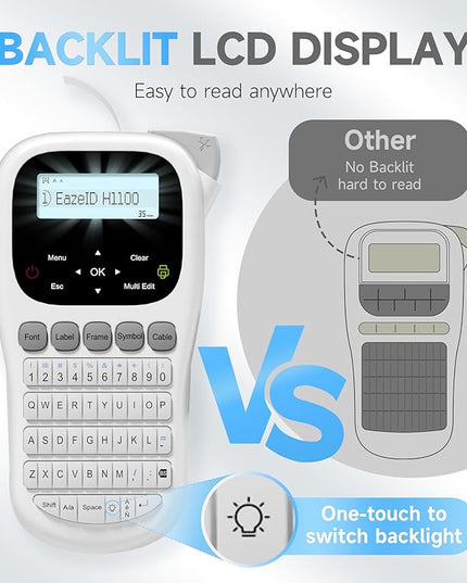 Label Maker Waterproof-Labels, Handheld Label Maker Machine with-Tape 12mm 0.47 Laminated White, Backlit Screen Multiple Fonts & Symbols, Portable Keyboard Labeler for Home Office School Use, H1100