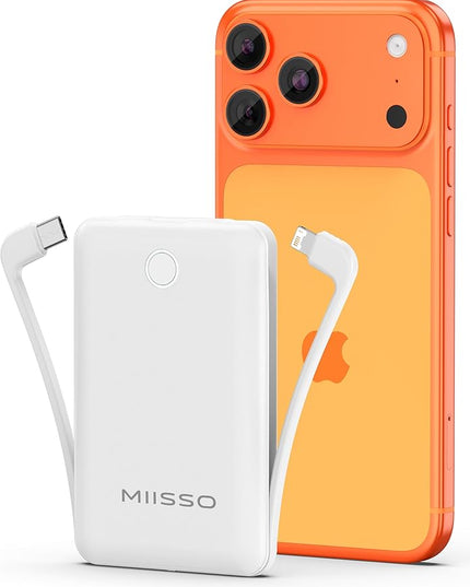 miisso 10000mAh Mini Portable Charger with Built in Cable, Pocket Size Power Bank Travel External Battery Pack for Phone, 3 Output USB Type C Cord Clutch Compatible with iPhone, Samsung, White