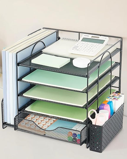 OUTIOE Desk Organizer with Drawer and Pen Holder, 5-Tier Paper Letter Tray Organizer with File Holder, Suitable for Workspace Organizer Office Supplies Storage (Black)