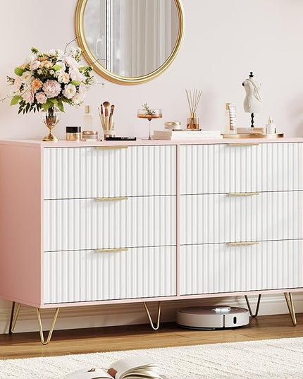 Garvee Fluted Dresser for Bedroom with 6 Drawers,47" Wide Modern Chest of Wooden Bedroom Chest with Metal Handle,Clothes Storage Organizer,Closet Dresser & TV Stand for Living Room,Hallway,6&Pink