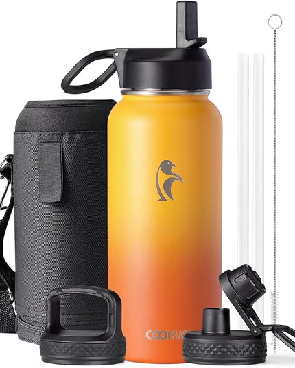 Water Bottle 32 oz Insulated with Straw, Coolflask Stainless Steel Metal 3 Lids Water Flask Wide Mouth for Sports or Office, Non-BPA Keep Cold Up to 48 Hrs or Hot Up to 24 Hrs, Ombre Yellow/Orange