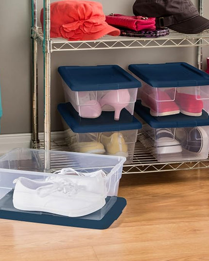 Sterilite Stackable 6 Quart Clear Home Storage Box with Handles and Blue Lid for Efficient, Space Saving Household Storage and Organization, 5 Pack