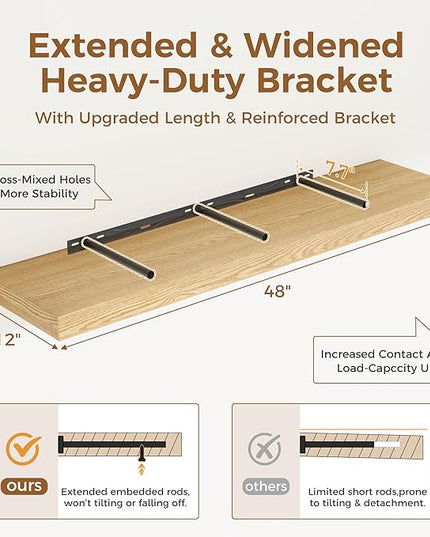 Floating Shelves 48 Inch Long, 12 Inch Deep Floating Shelves for Wall, 48 x 12 Large Wall Shelves for Home Storage & Display, 2" Thicked Floating Shelf for Bedroom, Living Room, Oak Color, 1 Pack