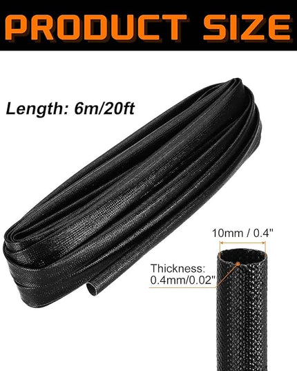 MECCANIXITY 20ft Braided Cable Sleeve, 0.4" ID 200C High Temperature 1500V Fiberglass Wire Insulation Cord Protector Organizer Wires Management for Motor Engine Fuel Line, Black