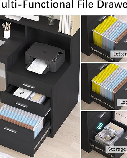 Computer Desk with 3 Drawer & Storage Shelves, Home Office Desk with File Drawer & Cabinet, Writing Study Table with Long Monitor Stand & Printer Shelf, Executive Desk, Black