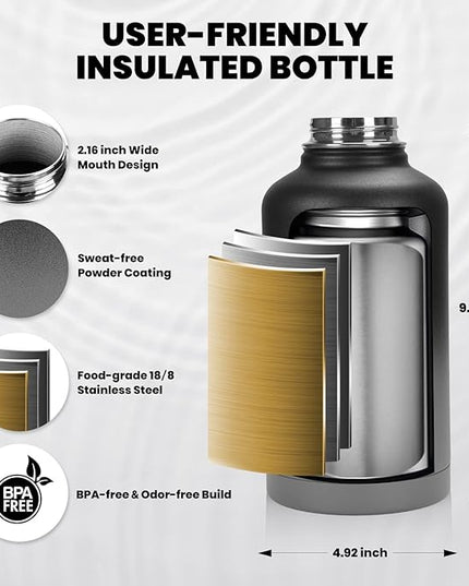 Insulated Water Bottle 64 oz, Triple Wall Vacuum Stainless Steel (Cold for 48 Hrs), Leak Proof & Non-BPA, Half Gallon Water Flask Jug with Paracord Handle & Straw Spout Lids, Dark Gray