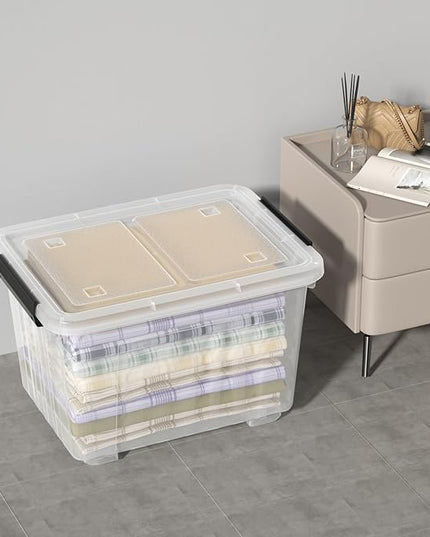 50 Quart Large Plastic Storage Box with Wheels, Latching Box with Lid, Wheeled Storage Bin, 4 Packs