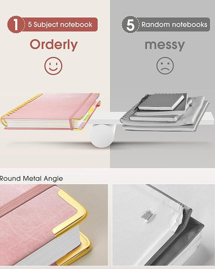 Hardcover Spiral Notebook Journal with Removable Dividers Tabs, 300 Pages Leather 5 Subject Notebook College Ruled, 8"x10" Large Notebooks for Work School, Lined Journal for Women, Rose gold