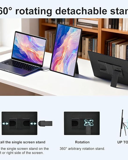 Portable Monitor 16" 1200P FHD Laptop Screen Extender, Horizontal Vertical Monitors with Detachable Kickstand, Built-in Speakers, Plug & Play Computer Gaming Travel Monitor for Wins Mac Chrome Phone