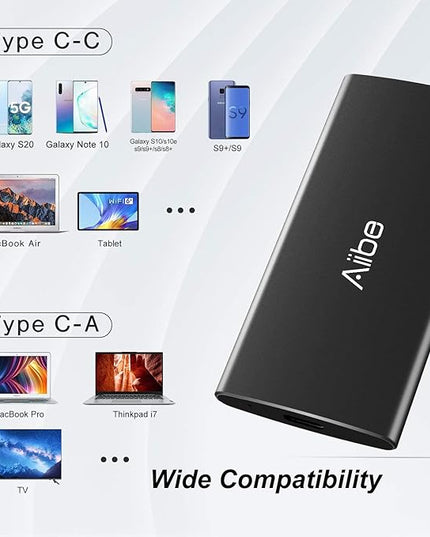 Aiibe External SSD 256GB External Hard Drive USB C Portable SSD, Up to 500MB/s, USB 3.1, External Solid State Drive 256GB for Laptop, Mac, PS4 (Black)