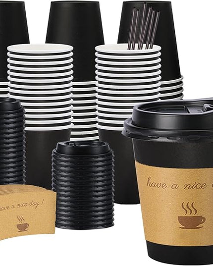 Lamosi 10 oz Coffee Cups with Lids 100 Pack, Disposable Coffee Cup with Stir Sticks and Sleeves, To Go Hot Paper Cup for Home, Travel, Office