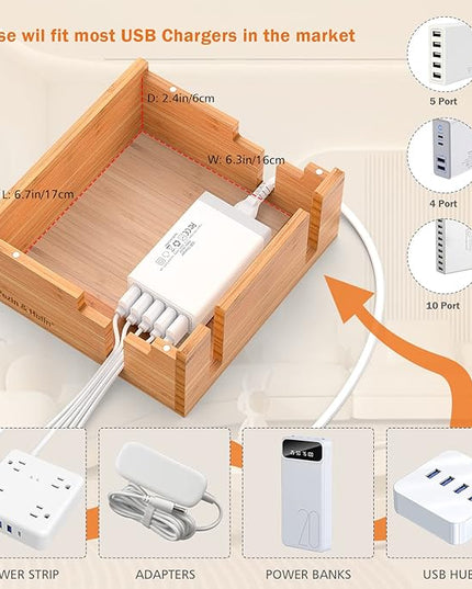 Pezin & Hulin Bamboo Charging Station for Multiple Devices Include 5 Port USB Charger, 5 Cables, Desktop Organizer for Phones, Tablet, Wooden Docking Stations