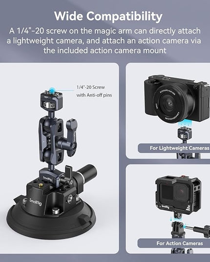 SMALLRIG 4" Camera Suction Mount with Ball Head Magic Arm, Car Mount for Lightweight Camera/Action Camera/Phone, Air Pump Vacuum Suction Cup, Max Load 3kg/6.6 Pound - 4236