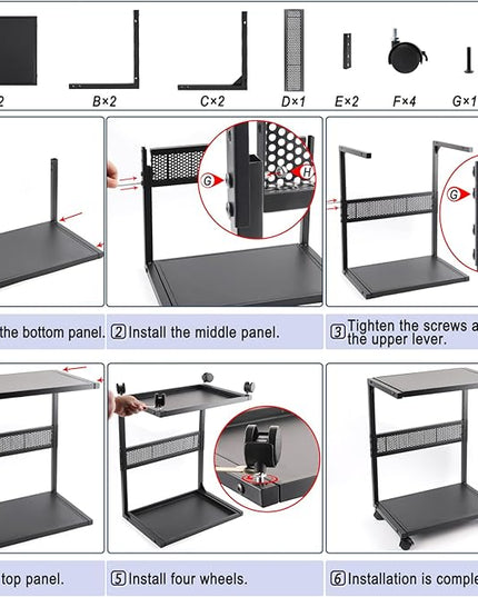 PC Stand Computer Tower Stand 2-Tier Metal CPU Holder with Locking Caster Wheels Suitable for Most PC (S,Black)