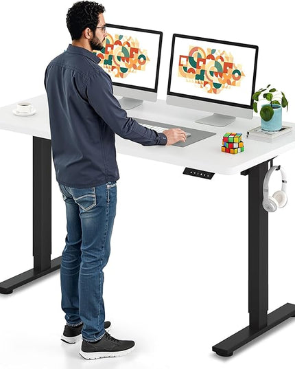 SANODESK Electric Standing Desk 55 x 28 Inches Whole-Piece Desktop Height Adjustable Stand Up Desk w/6-Button Controller Ergonomic Computer Desk for Home Office, Black Frame + White Tabletop