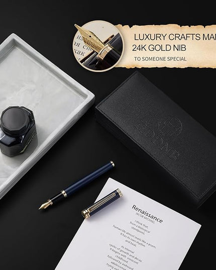 HDDNB Blue Luxury Fountain Pen Set for Men and Women with Gift Box, 24K Gold Finish and Gilded Nib(Extra Fine) with 5 Black Ink Cartridges and Converter