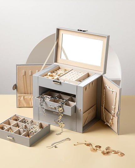 Frebeauty 5-layer Jewelry Box,Faux Leather Jewelry Organizer with 4 Drawers,Jewelry Organizers and Storage with Mirror,Jewelry Holder Organizer for Necklace,Jewerly Boxes for Women Girls(Grey)