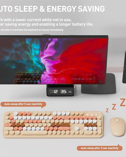 FOPETT 2.4GHz Wireless Keyboard and Mouse Set with Switch Button - Full-Size Keyboard - Compatible for Windows/Laptop/PC/Notebook/Smart TV and More - Milk Tea Colorful