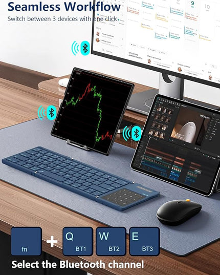 Nillkin Foldable Bluetooth Keyboard with Touchpad & Number Pad, Portable Bluetooth Keyboard with Full Size Keys, Pocket-Sized Wireless Travel Keyboards for iPad, Smartphone, Tablet and Laptop Blue