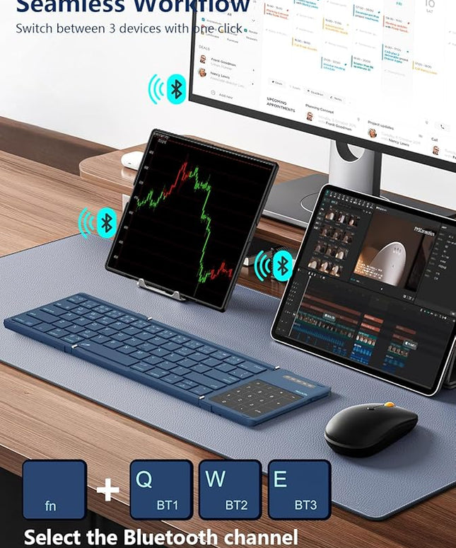 Nillkin Foldable Bluetooth Keyboard with Touchpad & Number Pad, Portable Bluetooth Keyboard with Full Size Keys, Pocket-Sized Wireless Travel Keyboards for iPad, Smartphone, Tablet and Laptop Blue
