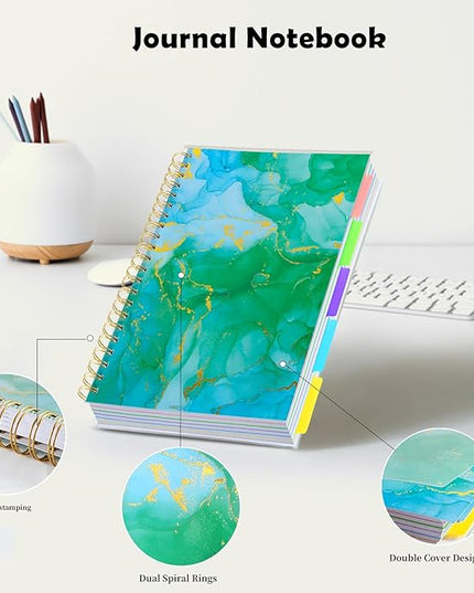5 Subject Notebook College Ruled, A5 Spiral Notebook with Removable Pocket Dividers Tabs, Lined Organizer Notebook Journal for Women, 240 Pages Notebooks for Work School Note Taking, Green Marble