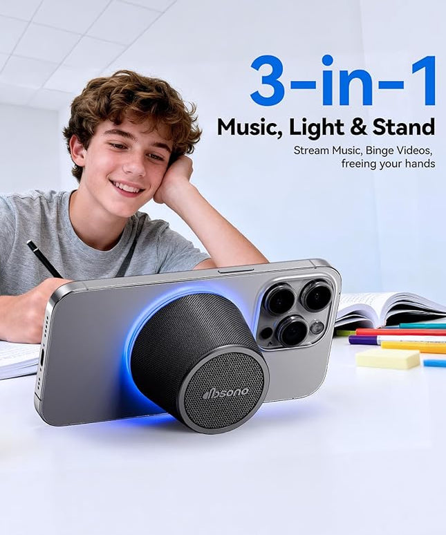 Small Bluetooth Speaker Gifts for Teens: Valentines Gifts for Him Her, 3 IN 1 Portable Magnetic Speaker with 9-Mode Lights, Waterproof Phone Stand for Desk, Cool Birthday Gadget Gifts for Adults