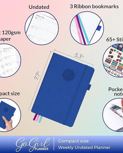 GoGirl Planner and Organizer for Women – Compact Size Weekly Planner, Goals Journal & Agenda to Improve Time Management, Productivity & Live Happier. Undated – Start Anytime, Lasts 1 Year – Royal Blue