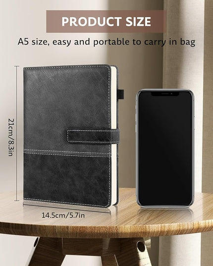 HULIPARK Leather Notebook Journal with Pen, A5 Lined Hardcover Notebook with Magnetic Closure, 240 Pages Daily Journal for Men Women, Ruled Journals Notebooks for Work, Writing, Note Taking - Black