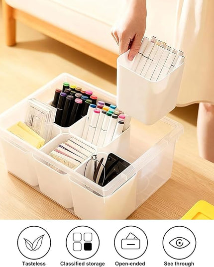 loobuu Plastic Storage Bins with Lids, Art Craft Supply Organizer Box with Brush Pot, Multipurpose Stackable Storage Containers for Organizing Tool, Craft, Crayon,Sewing(Yellow)