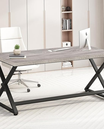 IBF Gray Computer Desk, Modern Writing Study Desk for Home Office, Industrial Wooden Metal Executive Work Desk, Simple Pc Gaming Laptop Workstation Computer Table in Bedroom, Light Grey Oak, 55 Inch