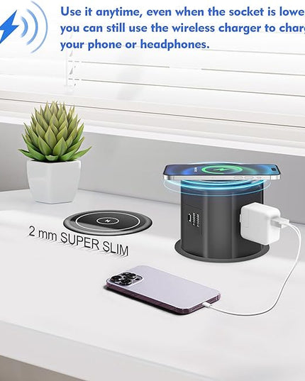Pop Up Outlet for Countertop with 15w Wireless Charger, 4.7-Inch Pop Up Outlet with 4 Outlets and 2 USB-A, 1 USB-C, Pop Up Power Outlet for Kitchen Countertop, Conference Room, Study Room (Black)