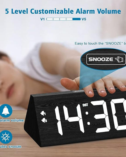 fomobest Wooden Digital Alarm Clock with Dual USB Charging Ports, DST, Dimmable, Snooze, Modern Large Time Display LED Clock for Kids Bedrooms, Living Room, Desk, Table, Bedside, Nightstand (Black)