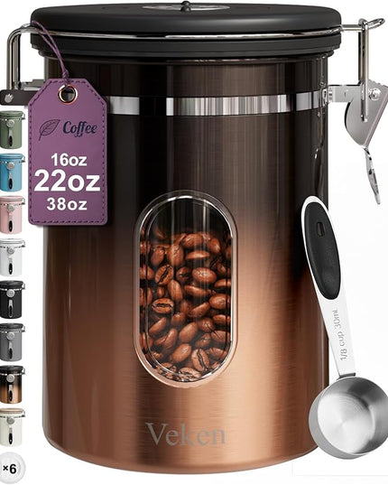 Veken Coffee Canister with Window,Airtight Stainless Steel Kitchen Food Storage Container, Date Tracker & Scoop for Grounds Coffee, Beans, Tea,Flour,Cereal,Sugar,22OZ,Copper