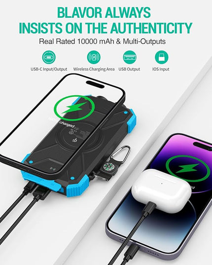 BLAVOR Solar Power Bank 10,000mAh, Portable Wireless Charger, 20W Fast Charging External Battery Pack with USB C for Cell Phones, Solar Panel Charging with Dual Flashlight for Camping