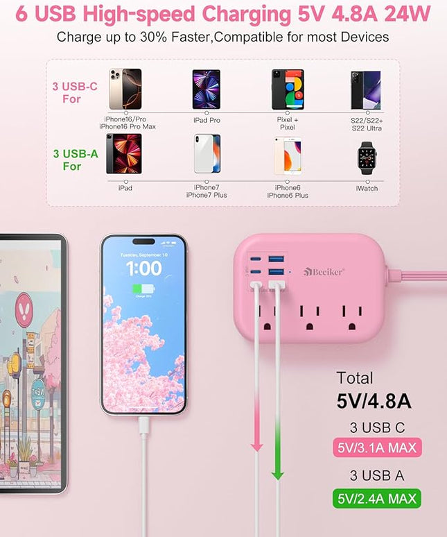 6 USB(3 USB C) Pink Power Strip- 5Ft Extension Cord with 6 USB Charging Station 24W/4.8A and 3 Outlets, Desk Accessories for Cruise Travel Pink Cute Kawaii College Dorm Desk Home Essentials