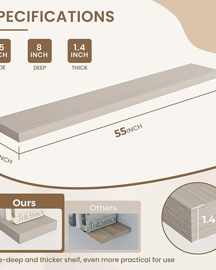 Dreamland 55 Inches Floating Shelves for Wall, 8" Deep Long Floating Shelves Set of 1, Large Display & Storage Shelf, Wall Shelf for Bathroom Bedroom Living Room Kitchen Office, Grey