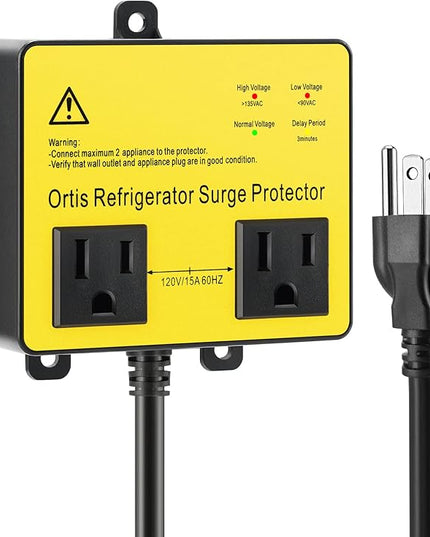 Refrigerator Surge Protector, Ortis Double Outlet Voltage Protector for Home Appliances with Time Delay, Protects Against Brownout, Spike, Instant Surge All Voltage Abnormalities, Yellow