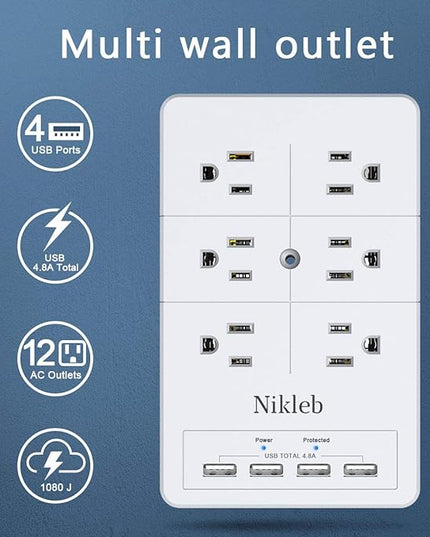 Surge Protector Nikleb 2-Pack, Multi Outlet Plug with 4 USB, Wall Charger Box Multiports Total 4.8A, Electrical Outlet Splitter, Plugs for Outlets Wall Mount, USB Power Adapter Low Profile
