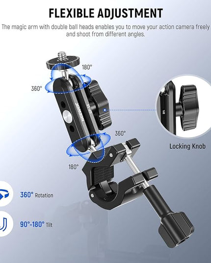 Neewer Action Camera Pole Mount with Two 360° Ball Heads 1/4" Screw Action Camera Adapter, Holder Clamp for Motorcycle Bike Handlebar, Compatible with GoPro Hero13 12 11 10 9 Max360 Insta360 DJI Osmo