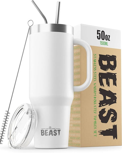 Beast 50 oz Tumbler with Handle Stainless Steel Vacuum Insulated Coffee Ice Cup Double Wall Travel Flask (Arctic White)