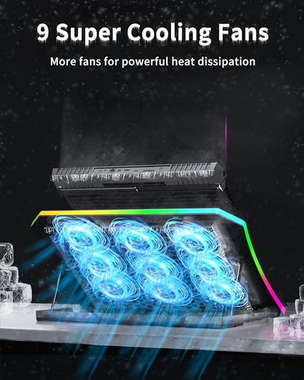 KeiBn Upgraded Gaming Laptop Cooler Pad with 9 Quiet RGB Fans, Cooling Pad for 15.6-17.3 Inch Laptops with 7 Height Stands, 2 USB Ports, Phone Stand-Blue