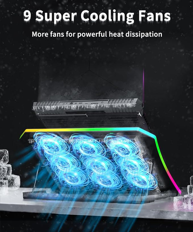 KeiBn Upgraded Gaming Laptop Cooler Pad with 9 Quiet RGB Fans, Cooling Pad for 15.6-17.3 Inch Laptops with 7 Height Stands, 2 USB Ports, Phone Stand-Blue
