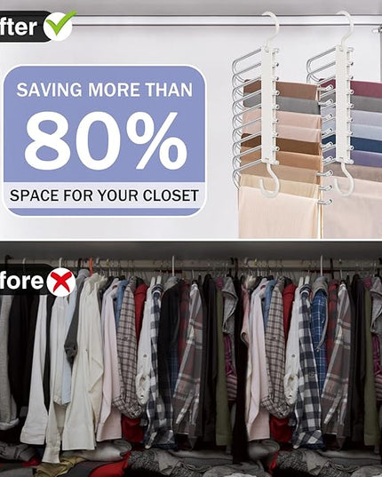 Upgrade 9 Layers Pants Hangers Space Saving, 2 Pack Pant Hangers Organizer Multifunctional Pants Rack Space Saver Closet Organizers and Storage Hangers for Pants Jeans Leggings Trousers Skirts, White