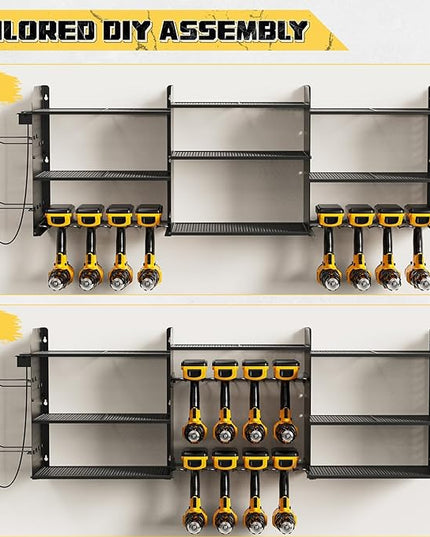 Power Tool Organizer with Charging Station Wall Mount, 3 Layer Expanded Heavy Duty Garage Organization, 45.5 Inch Length Garage Tool Storage, 8 Drills, 2 Assemble Method, Black