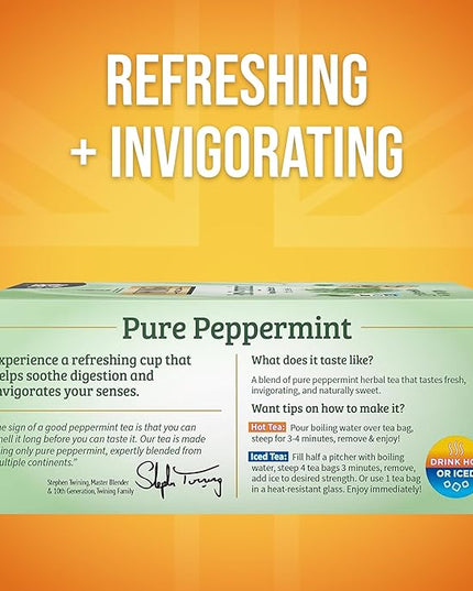 Twinings Pure Peppermint Herbal Tea Individually Wrapped Bags, 100 Count (Pack of 1), Fresh Minty Flavour, Naturally Caffeine-Free, Enjoy Hot or Iced, 100 Teabags