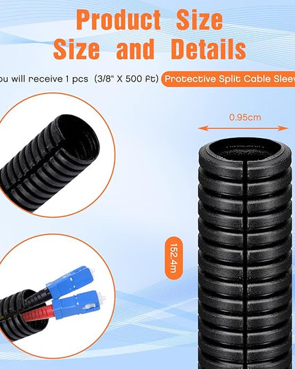 Sasylvia 3/8" X 500 ft Split Wire Loom Cord Protector Tubing Split Conduit Protector Tubing Convoluted Tube Flexible Electrical Wire Cover Protective Sleeves(Black)